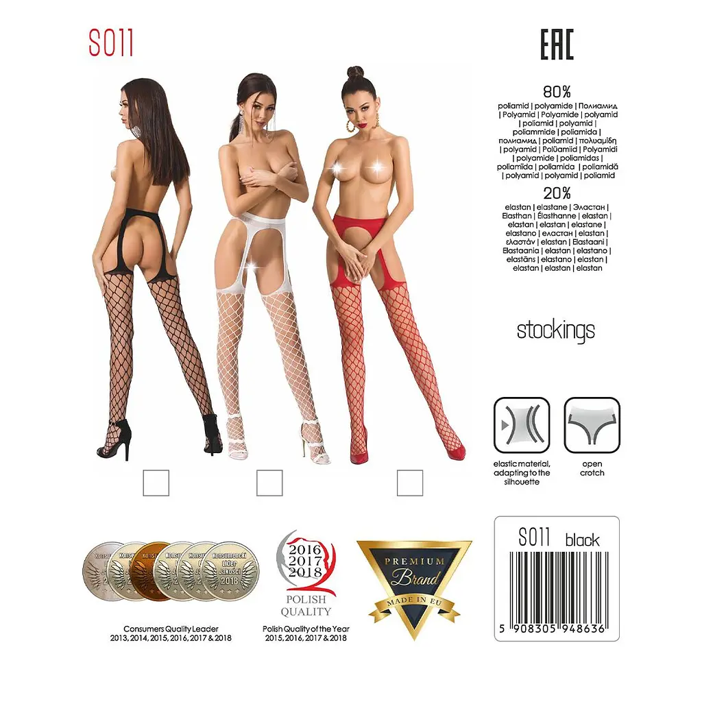 Сітчасті панчохи-стокінги Passion S011 One Size, Red, імітація гартерів, відкритий доступ - фото 5