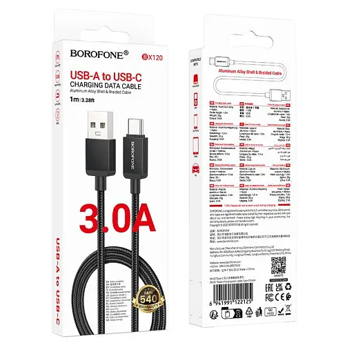 Кабель BOROFONE BX120 Placer charging data cable Type-C 3.0A/1m чорний