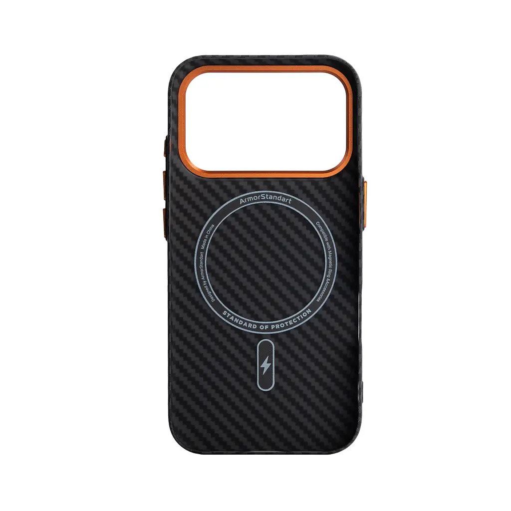 Карбоновый чехол для Apple iPhone 17 Pro, LikeCarbon2 SE MagCase, черный, тонкий защитный чехол-панель из поликарбоната с магнитами N52, MagSafe, противоударный, совместим с беспроводной зарядкой, приподнятые края для защиты камеры - фото 2