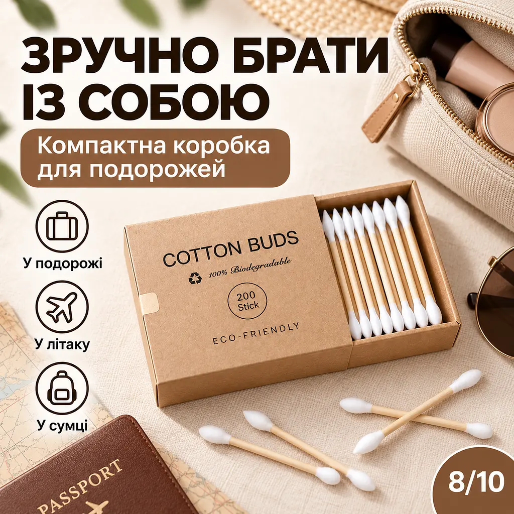 Ватні палички бамбукові двосторонні 200 шт, із загостреним та округлим наконечником, у картонній упаковці KT9003701 - фото 8