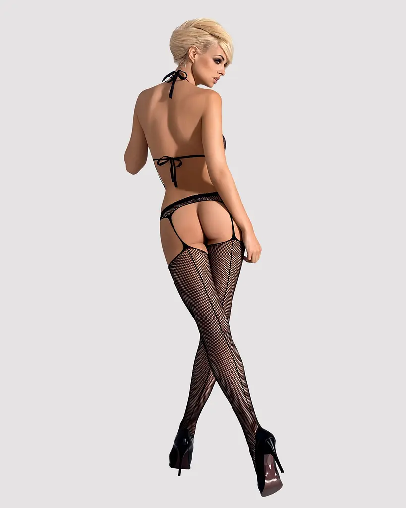 Сітчастий бодістокінг з імітацією топа, пояса та панчохи Obsessive Bodystocking N108 S/M/L, чорний - фото 4