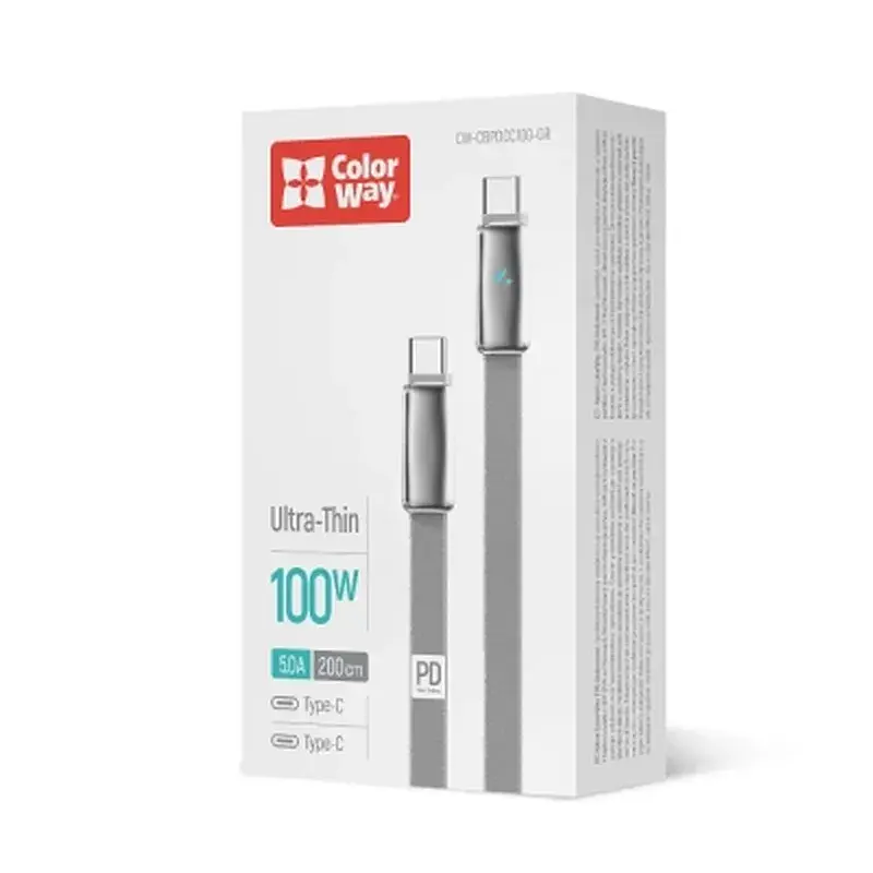Дата кабель USB-C to USB-C 1.0m 5A 100W ultra-thin gray ColorWay (CW-CBPDCC100-GR) - фото 5