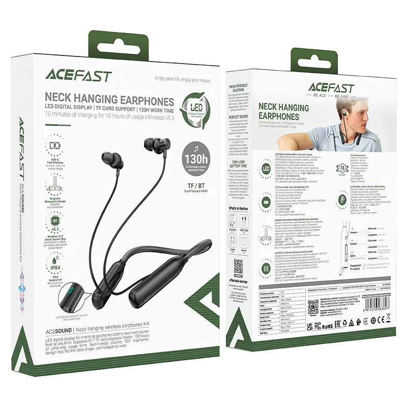Бездротові спортивні навушники ACEFAST N4 neck hanging wireless earphones Black - фото 2