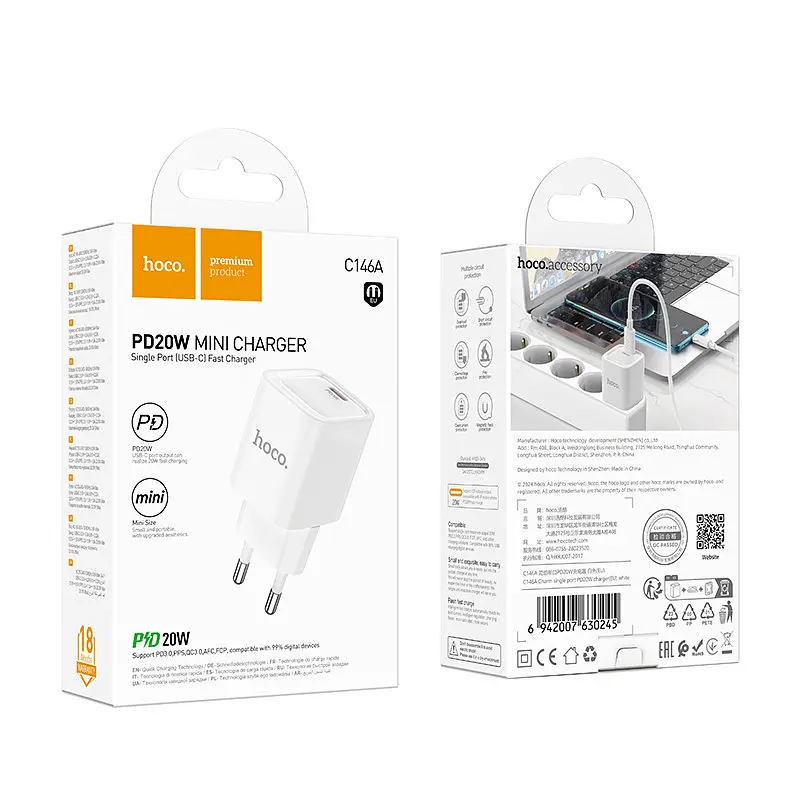 Мережевий зарядний пристрій Hoco C146A Charm single port PD20W charger(EU) Білий - фото 2