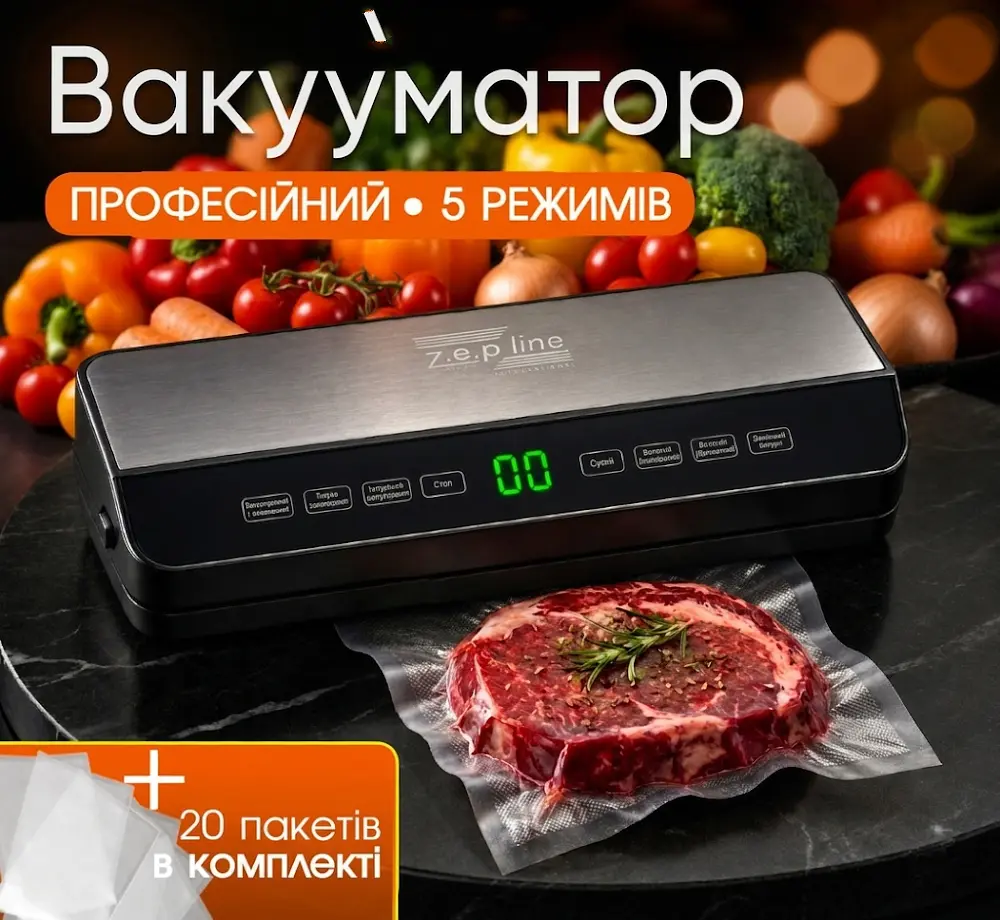 Потужний Вакууматор для продуктів Zepline Professional Vacuum Sealer 200 Вт Вакууматор для їжі з пакетами для вакуумування 200 Вт - фото 2