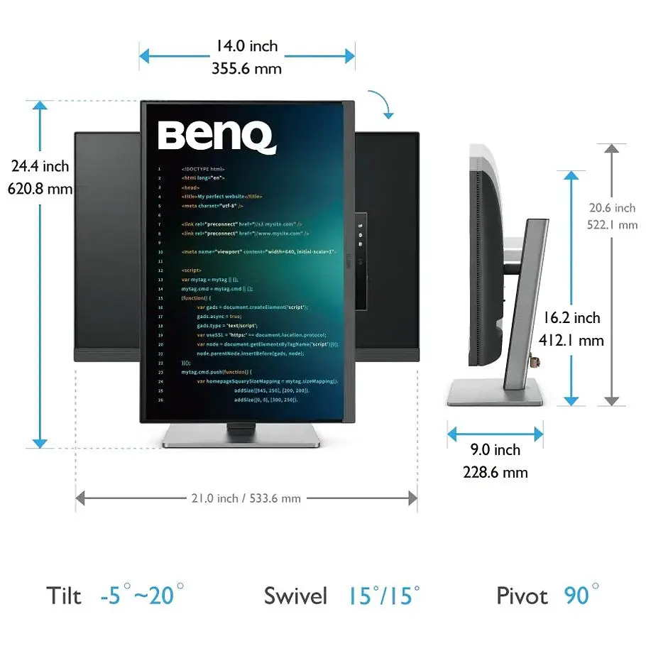 Монитор TFT 24.1" BenQ RD240Q, WQXGA, 16:10, USB-C, HDMI, DP, HAS, Pivot, колонки, темно-серый (9H.LLXLA.TBE) - фото 3