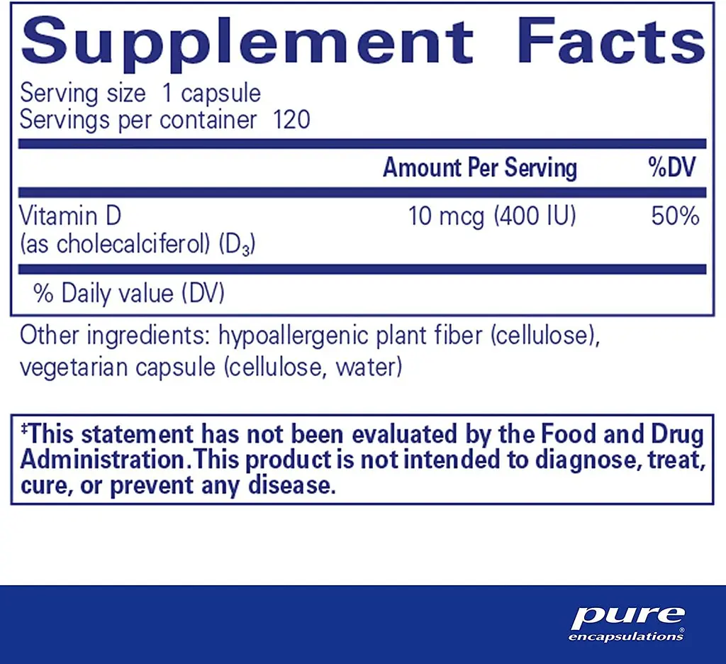 Вітамін D3 Pure Encapsulations Vitamin D3 400 МО 120 капсул - фото 2