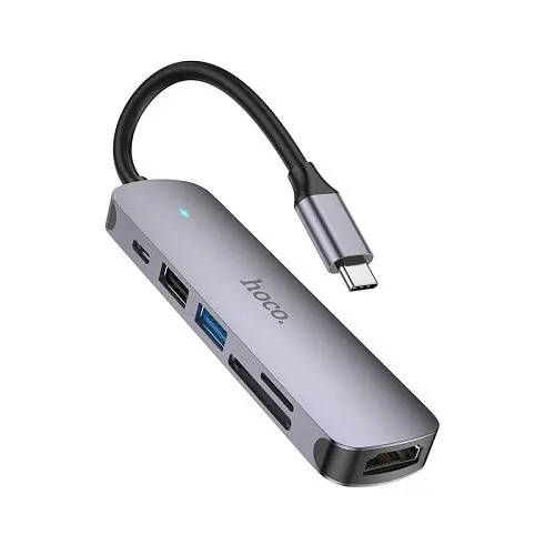 Type-C(PD) HUB Hoco HB28 Type-C multi-function converter (HDTV+USB3.0+USB2.0+SD+TF+PD) Metal Grey - фото 4