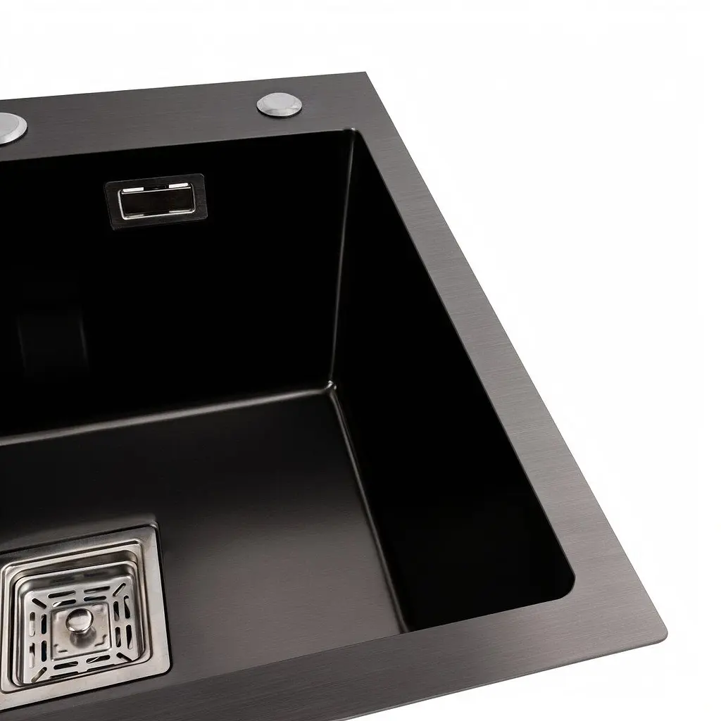 Кухонна мийка Platinum Handmade HSBB з нержавіючої сталі 3.0 мм квадратний сифон 50x45x23 см чорна - фото 3