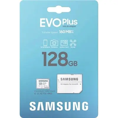 Карта пам'яті Samsung 128 GB microSDXC Class 10 UHS-I U3 V30 A2 EVO Plus+SD Adapte (MC128SA/EU) - фото 4