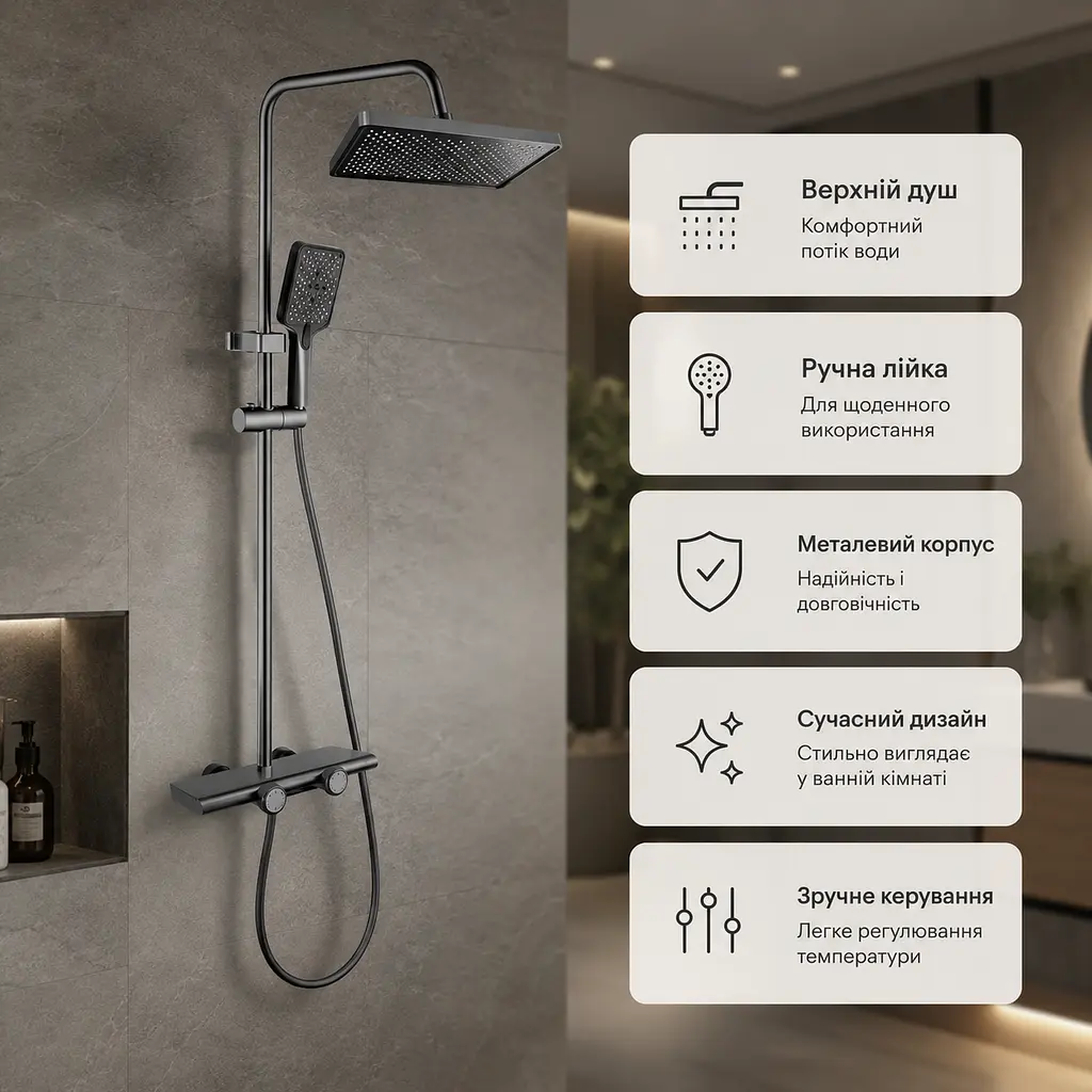 Душ / змішувач Faucet CR-25HT030 багатофункціональний метал / Душ з довгим зливом / Змішувач для ванної кімнати - фото 4