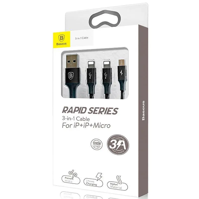 Кабель Baseus Rapid Cable USB to Lightning/microUSB/Type-C 3A 1.2m CAMLT-SU01 Black - фото 2