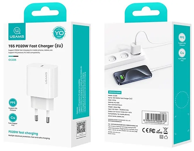 Сітчасте зарядне пристрій Usams T65 (US-CC226) single USB-C PD3.0 20W 3A Білий - фото 2
