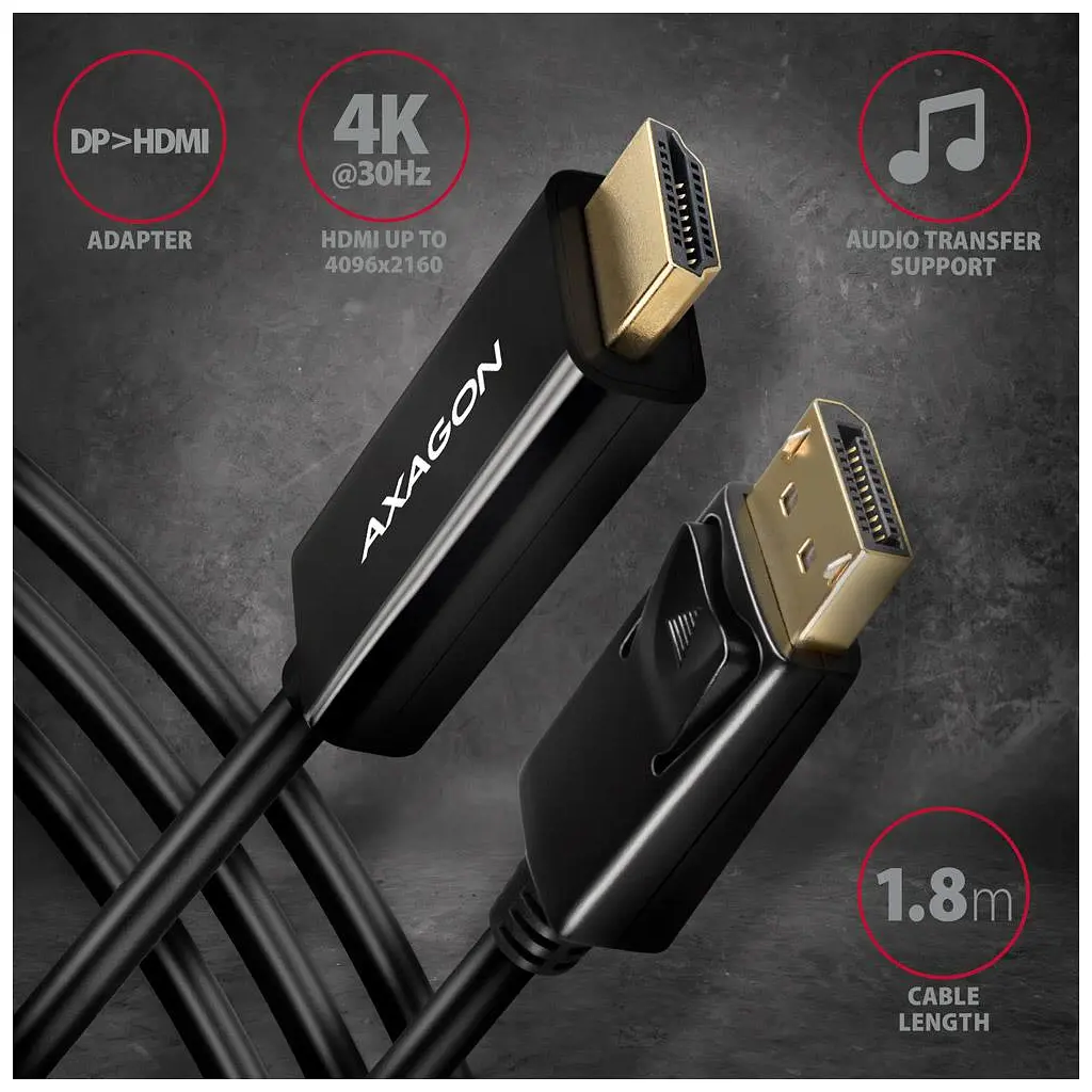 Кабель мультимедійний Axagon HDMI M - DisplayPort M 4K 30Hz чорний 1.8 м (RVD-HI14C2) - фото 2