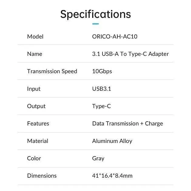 Перехідник Orico USB-A 3.1 до USB-C/Type-C конвертер 10Gbps Gray (AH-AC10-GY-BP) - фото 4