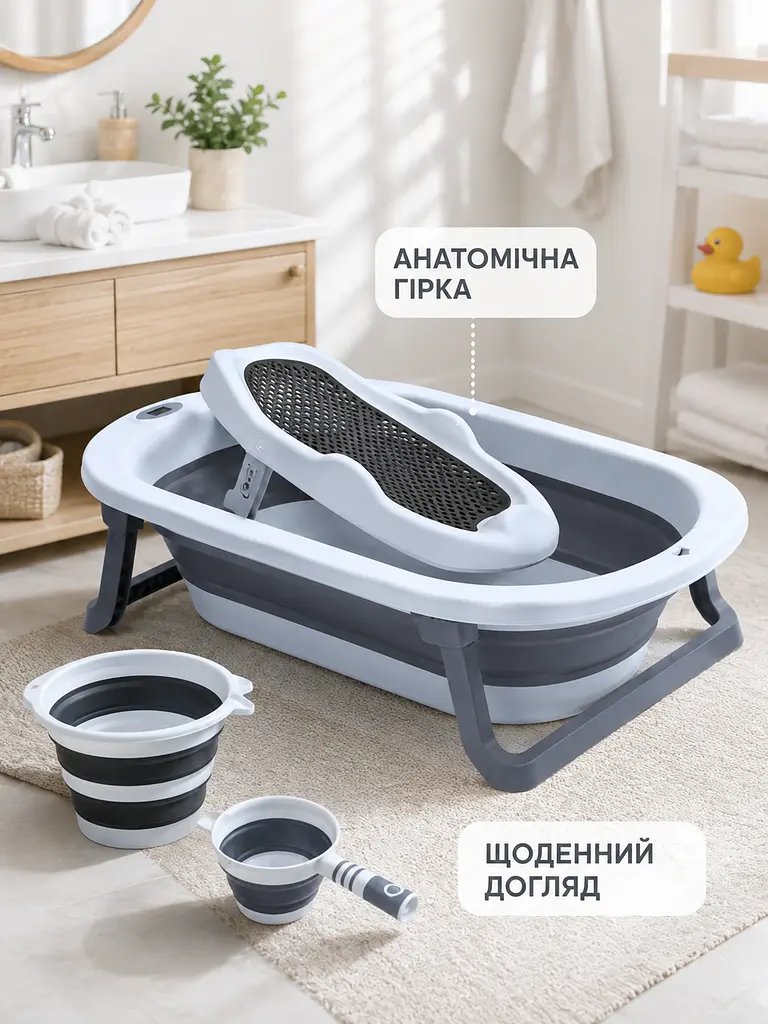 Дитячий набір для купання 5 в 1 складана ванночка з термометром, гіркою для новонародженого, тазиком, відром і ковшиком, - фото 6