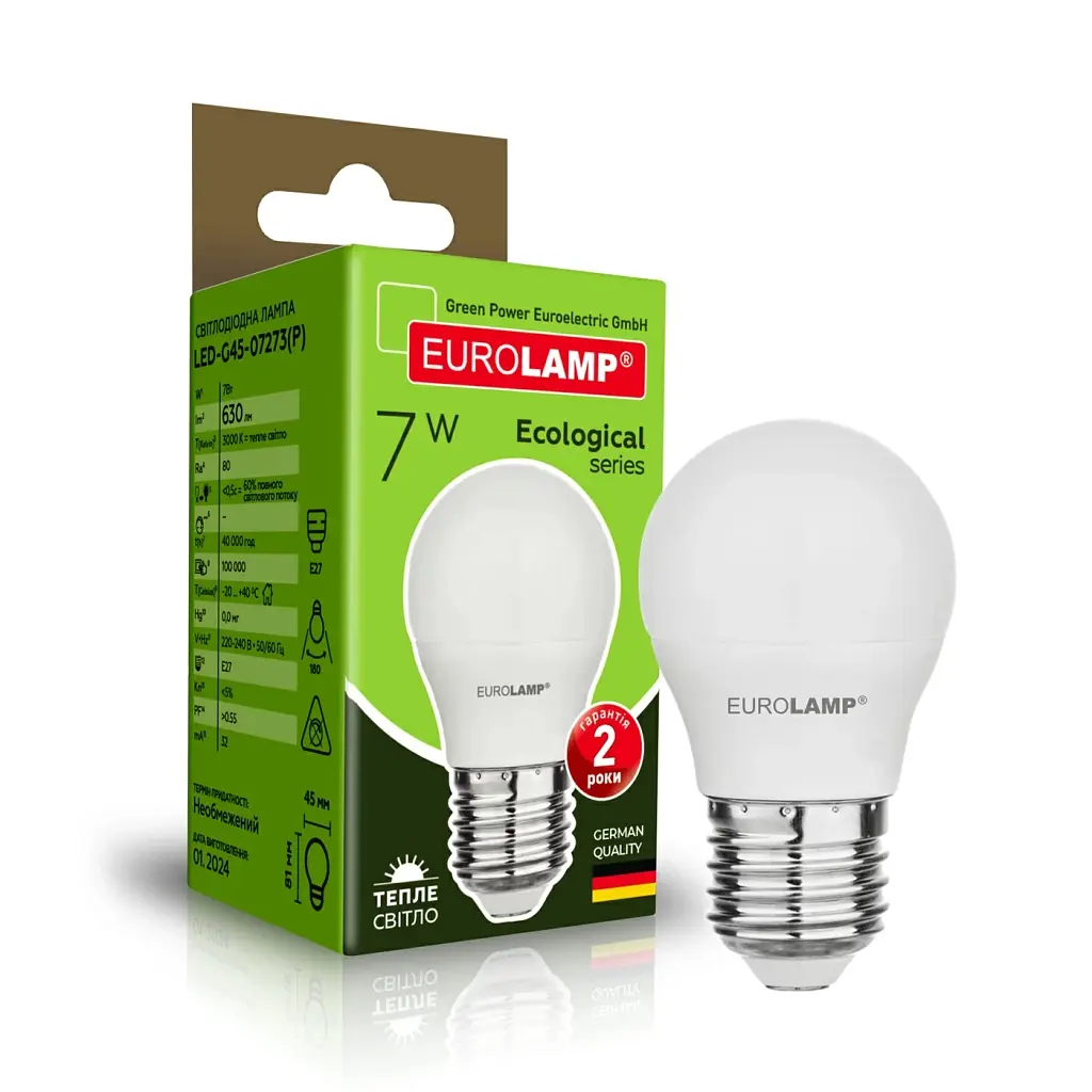 Лампочка Eurolamp LED ECO серия "P" G45 7W 630Lm E27 3000K (LED-G45-07273(P)) - фото 2