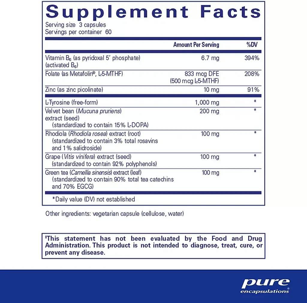 Всесторонняя поддержка допамина Pure Encapsulations DopaPlus 180 капсул - фото 2