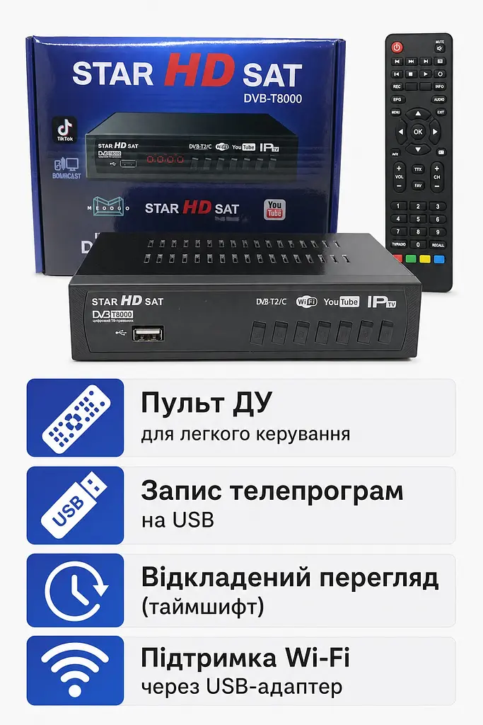 Цифрова ТВ-приставка Т2-тюнер DVB-T2/C IPTV з Wi-Fi, HDMI, USB, дисплеєм та пультом ДК, чорна - фото 3
