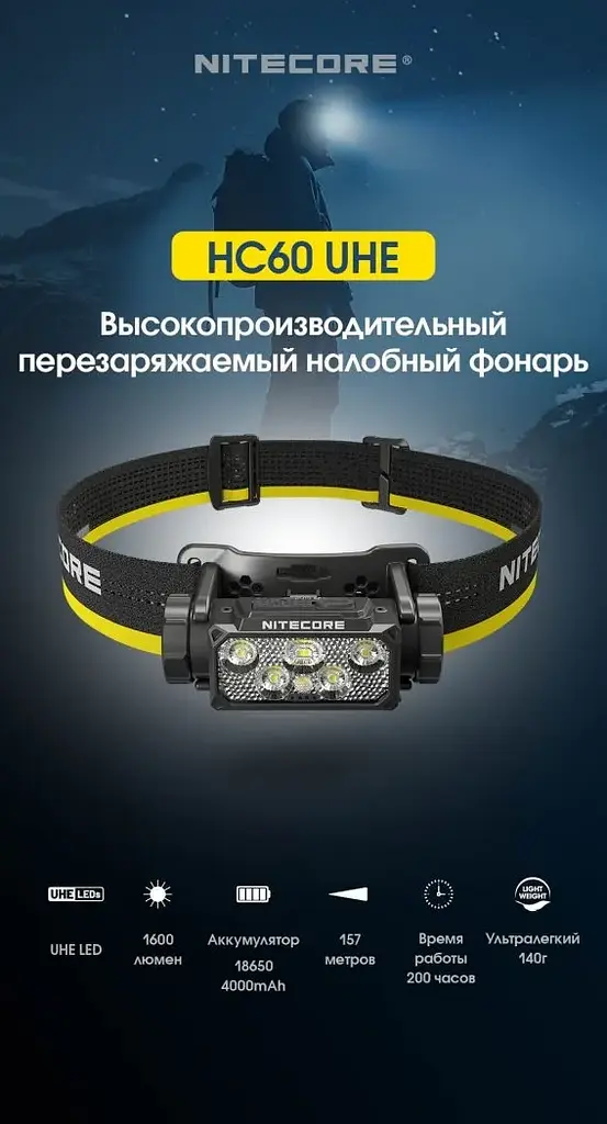 Налобный фонарь Nitecore HC60 UHE USB Type-C 1600лм (10 режимов) с белым и красным светом - фото 7