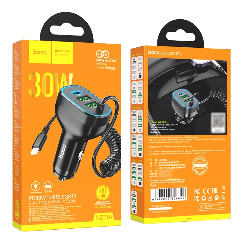 Автомобільний зарядний пристрій Hoco NZ11A 2USB/ Type-C PD 30W чорний + кабель Lightning - фото 9