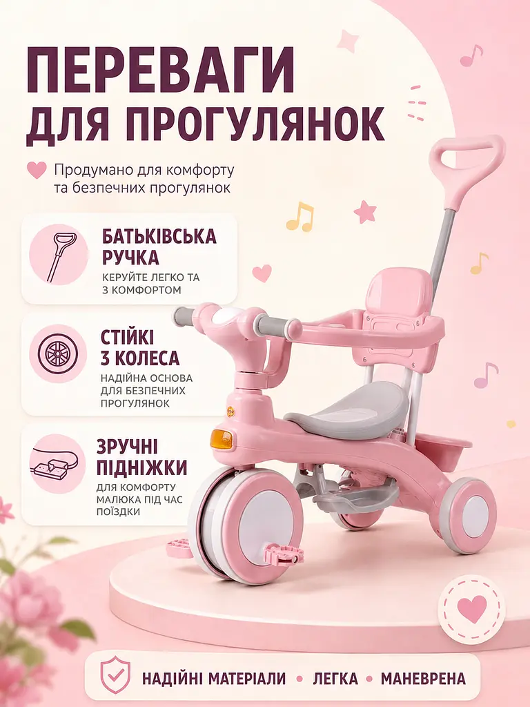 Дитячий триколісний велосипед-коляска 2 в 1 із батьківською ручкою, захисним бампером, підніжкою та кошиком, рожевий (49676101), - фото 2