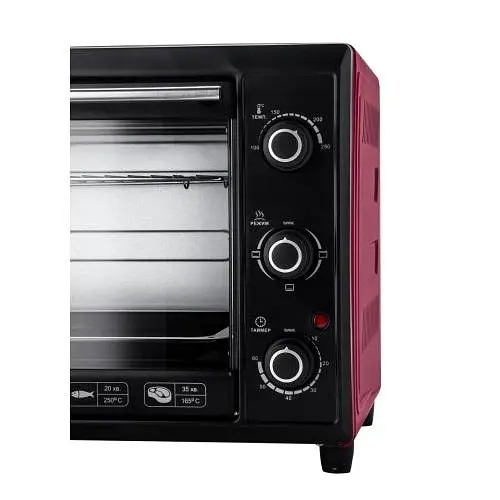 Електродуховка Liberton LEO-400 Red, 2000W, 40 л, поворотні перемикачі, індикатор роботи, таймер, 3 режими нагрівання, термостат 250 град, комплектація решітка, деко, тримач для деко - фото 3