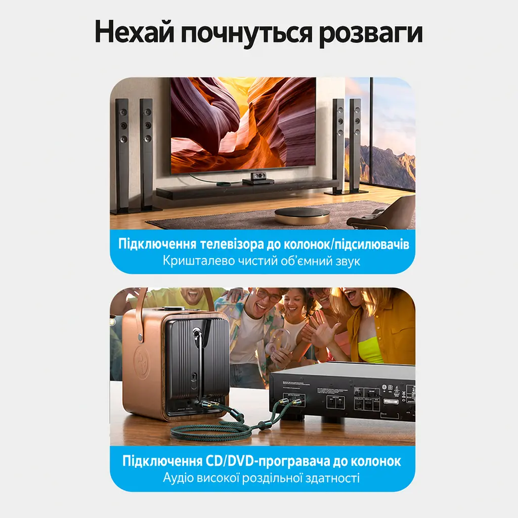 Аудіокабель для аналогового стереопідключення Vention 10 м з роз'ємами «тюльпан» по 2 штекери RCA на кожному кінці подвійне екранування від перешкод подовжений захист від натягу біля штекерів бавовняне обплетення зовнішній діаметр 6,5 мм зелений (BCUGL) - фото 10