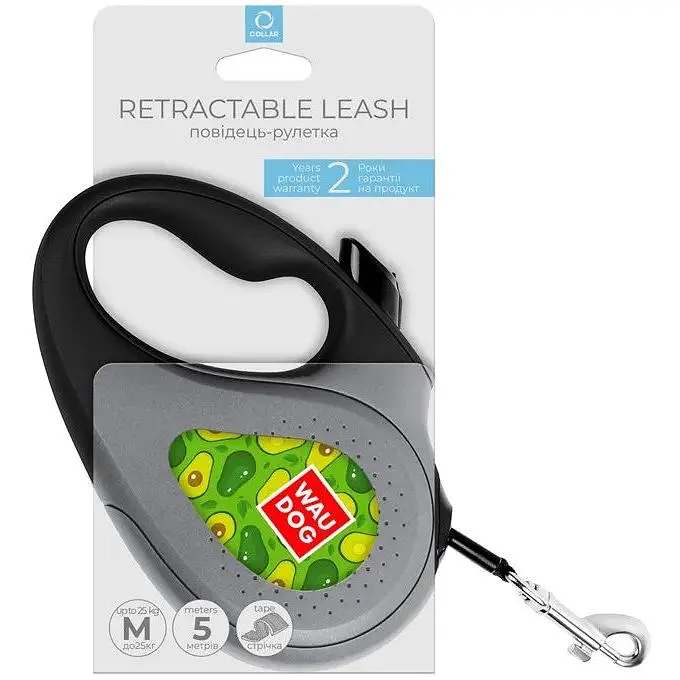Поводок-рулетка для собак Waudog R-leash, рисунок "Авокадо", M, до 25 кг, 5 м, светоотражающая лента черный - фото 4