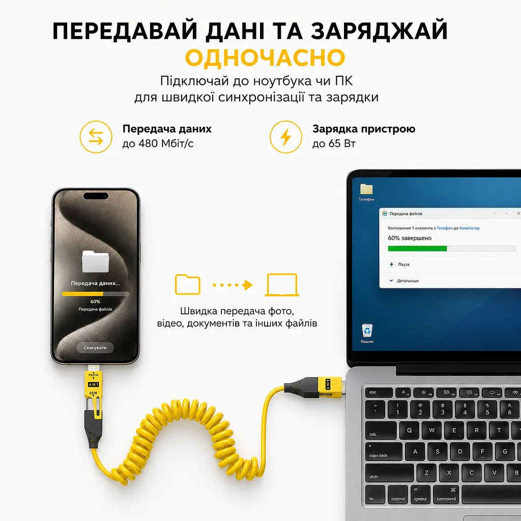 Кабель XON SmartCable Type-C/Type-A - Type-C/Lightning PD 65W 1.5м MultiLink (SC5ACL6W1Y 4593) Жовтий - фото 7