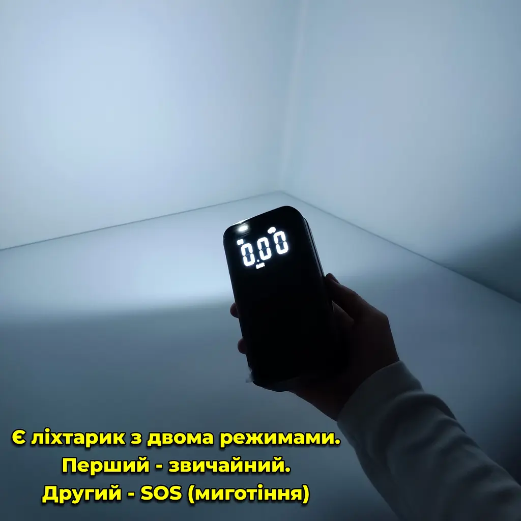 Портативний компресор з дисплеєм, ліхтарик. Акумуляторний. Живлення від прикурювача + зарядка Type-C. Функц. павербанка - фото 15