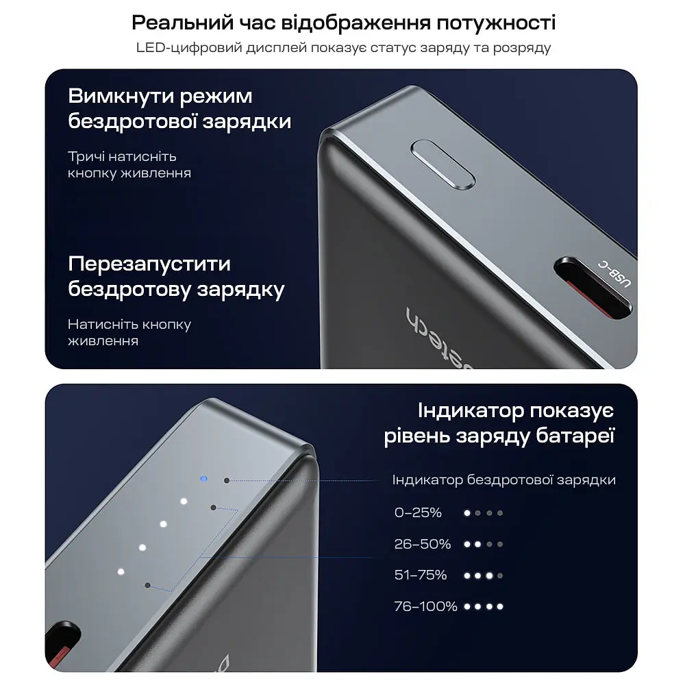 Повербанк 10000mAh Choetech B739 Black QC3.0 PD3.0 бездротова магнітна зарядка (43-00151) - фото 8