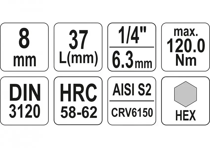 Головка торцевая Yato квадрат 1/4" HEX M8 L=37 мм (YT-04375) - фото 3