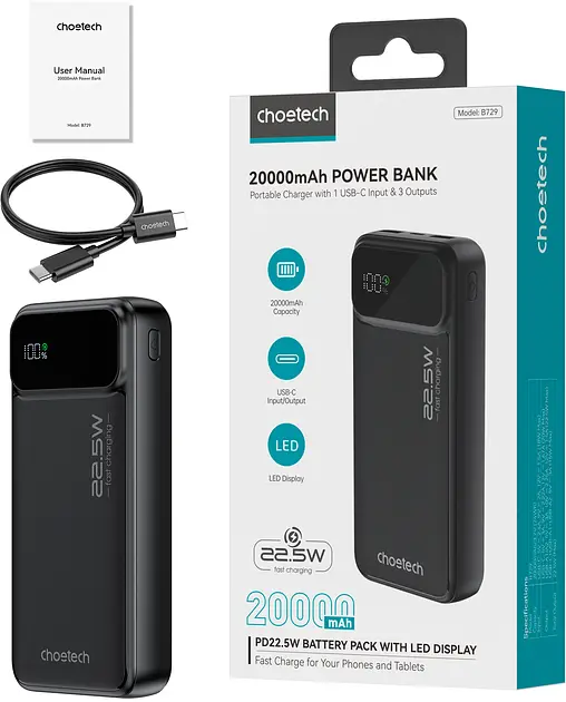 Портативна батарея Choetech Power bank B729 20000mAh 22.5W Black - фото 2