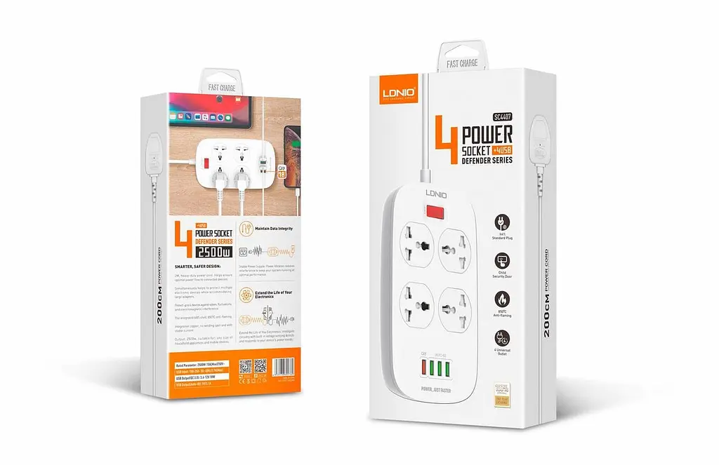 Мережевий продовжувач LDNIO SC4407 з підтримкою швидкої зарядки (4 х розетки 4 х USB) 2 м - фото 7