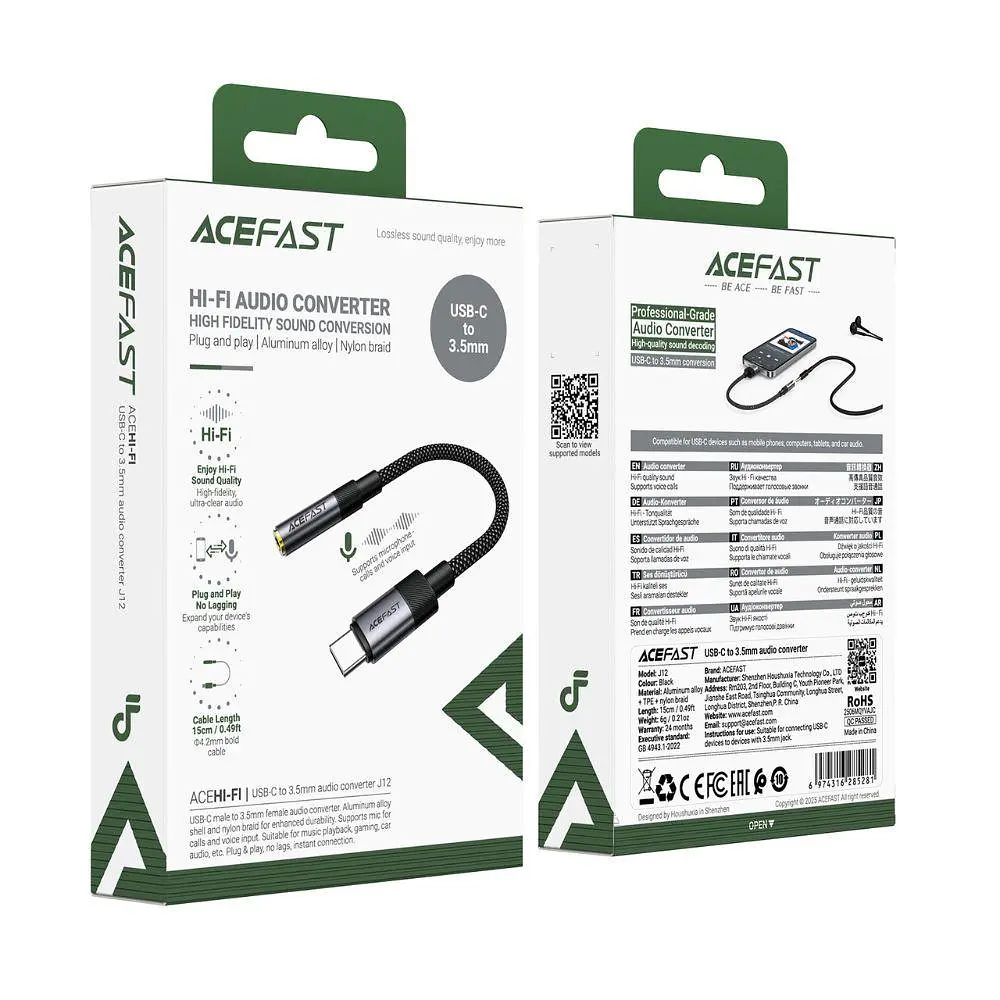 Аудіокабель ACEFAST J12 Type-C to 3.5mm female, nylon braid, 0,15m, Чорний - фото 2