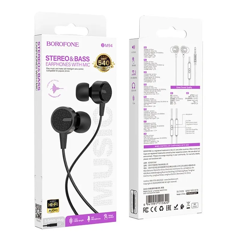 Наушники Borofone BM94 Sonar универсальные earphones with microphone черные - фото 2