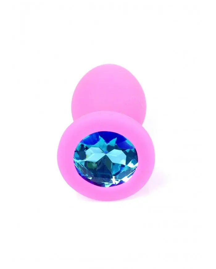 Анальна пробка з кристалом B-Series Silikon Plug Jewellery Pink Small, 7х2.7 см, рожевий з блакитним - фото 3