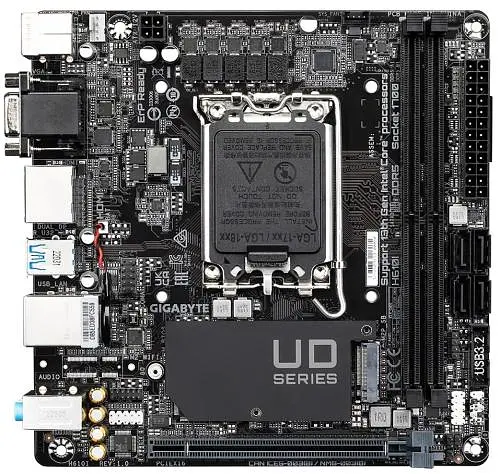 Материнська плата LGA1700, Gigabyte H610I, H610, 2xDDR5, Int.Video(CPU), 4xSATA3, 1xM.2, 1xPCI-E 4.0 x16, ALC997, Intel GLan, 4xUSB3.2/6xUSB2.0, VGA/HDMI/2xDP, Mini-ITX - фото 2