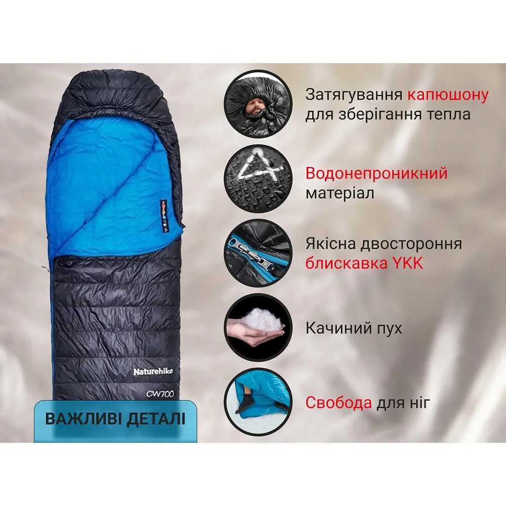 Спальник з натуральним пухом Naturehike CW700 CNK2450WS048, p-р L, чорно-блакитний - фото 12