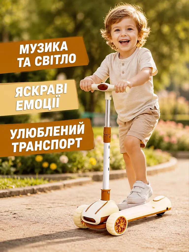 Дитячий самокат триколісний бежевий з підсвічуванням коліс музикою та регульованим кермом (49675951) - фото 8