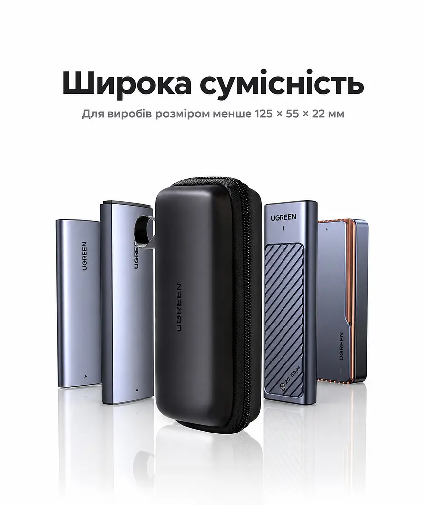 Футляр для зберігання M.2 SSD UGREEN LP895 для пристроїв розміром менше ніж 125 × 55 × 22 мм з твердим корпусом EVA з еластичною стрічкою для фіксації із сітчастою кишенею для аксесуарів з оксамитовою підкладкою з ручкою для перенесення на блискавці чорний (55091) - фото 2