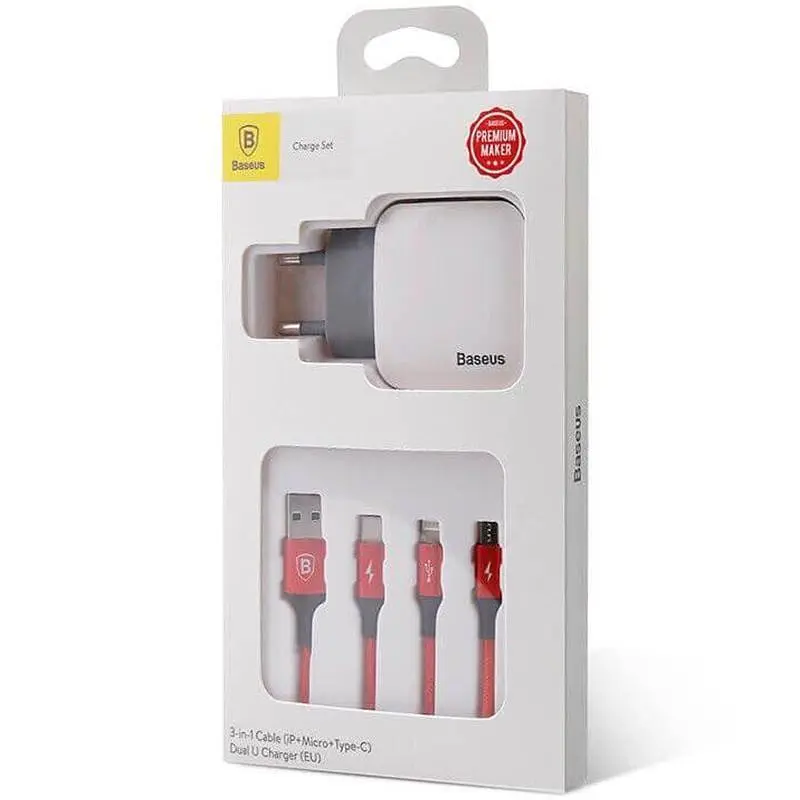 Мережевий зарядний пристрій Baseus Letour 2USB + Red Cable USB to Lightning/XiaomicroUSB/Type-C 2.4A TZCL-D92 White-Silver - фото 2