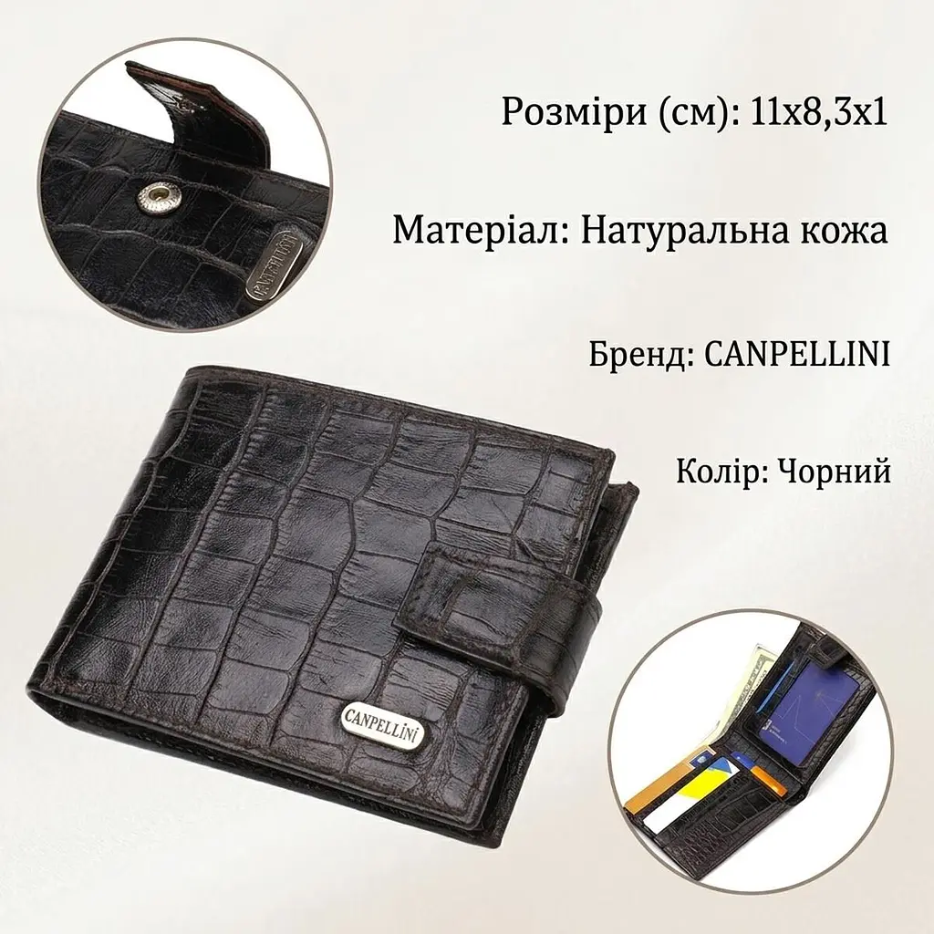 Фактурний невеликий чоловічий гаманець з натуральної шкіри з тисненням під крокодила Canpellini 21747 чорний - фото 2