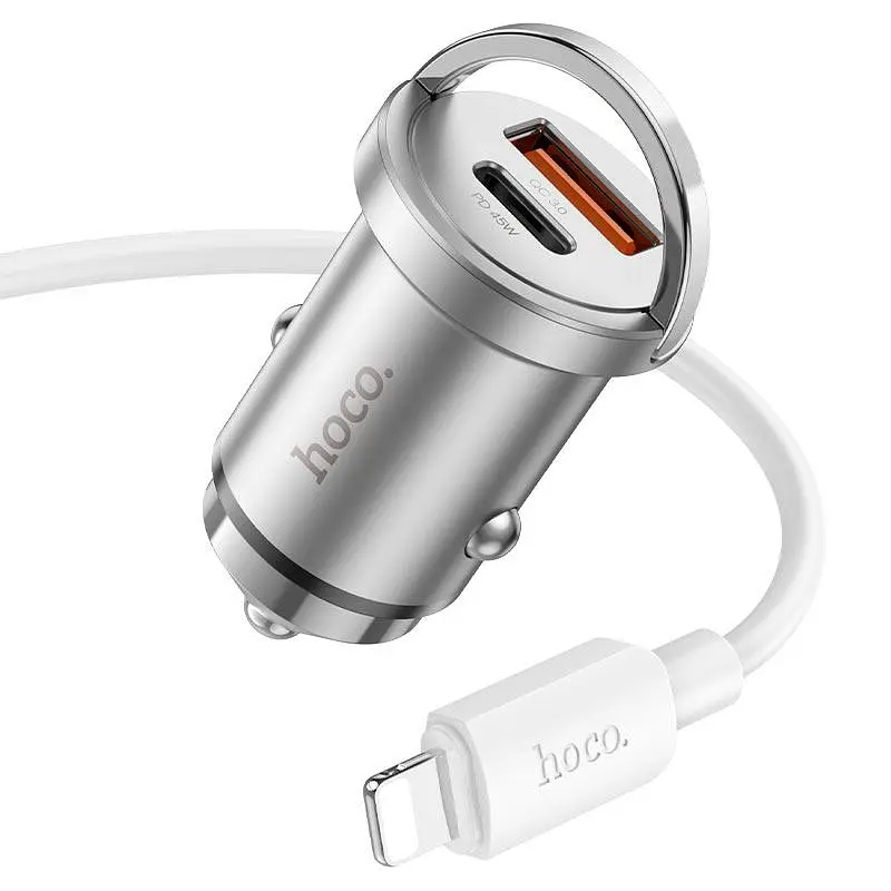Автомобільний комплект - адаптер і кабель HOCO NZ10 45 W usb-c - lightning сріблястий - фото 4