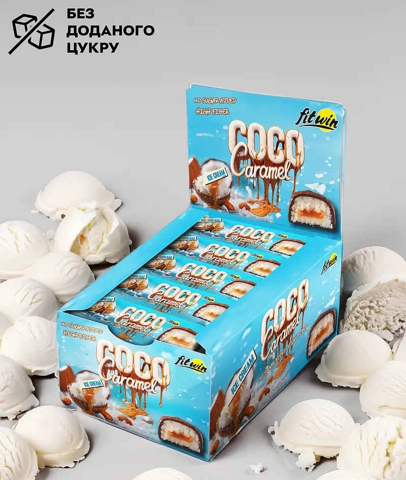 Кокосово-карамельний батончик FitWin Coco Caramel No Sugar Added, 20*40 грам без доданого цукру - Морозиво - фото 2