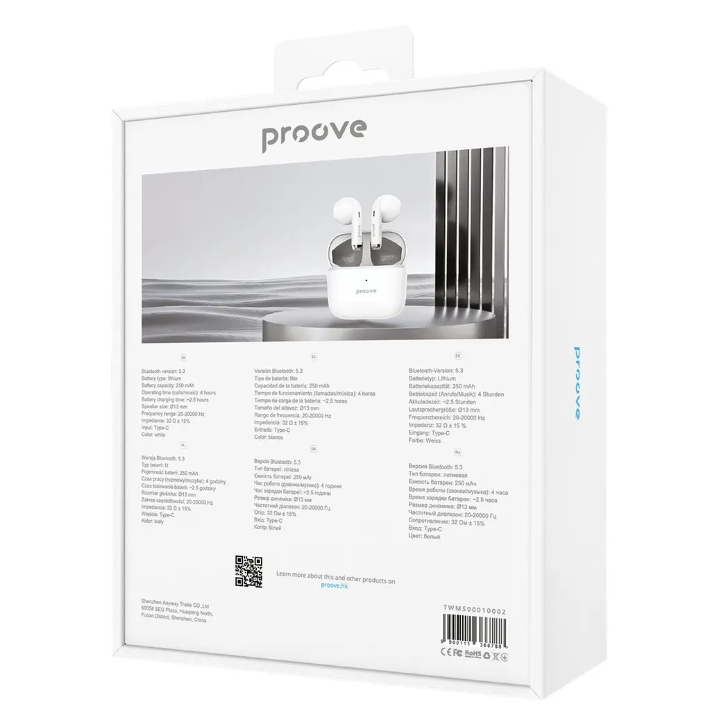 Беспроводные наушники Earphones Proove Mainstream, IPX4, ENC, BT5.3, 40mAh, 400mAh, 4h, TWS white UA UCRF - фото 7