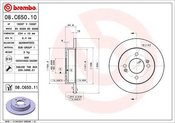 Диск гальмівний задній невентильований Hyundai I10 II-III 13-25р Brembo (08.C650.11) - фото 2