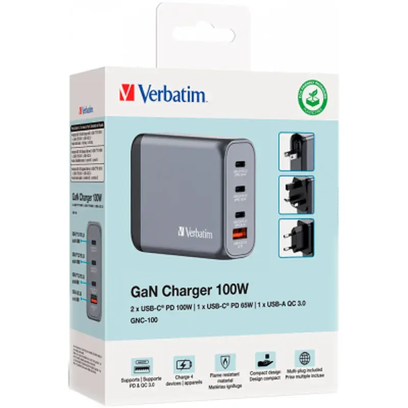 Зарядний пристрій Verbatim GaN 100 W 4 ports (2xUSB-C-100 W,USB-C 65 W /USB-A -3.0) (32202) - фото 6