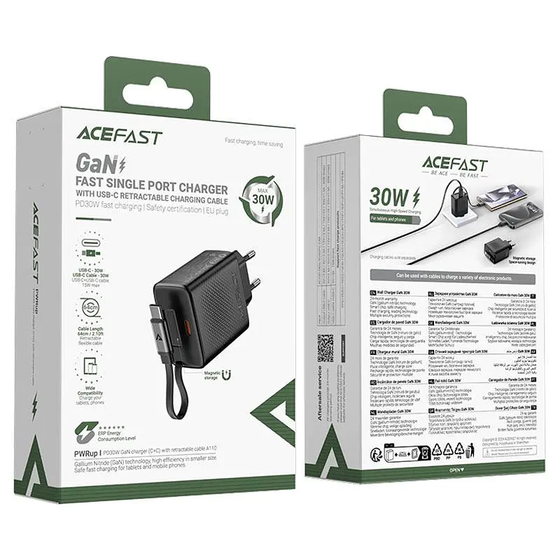 Мережевий зарядний пристрій з кабелем Acefast A110 PD30W GaN charger (USB-C+USB-C) with retractable cable (EU) чорний - фото 2